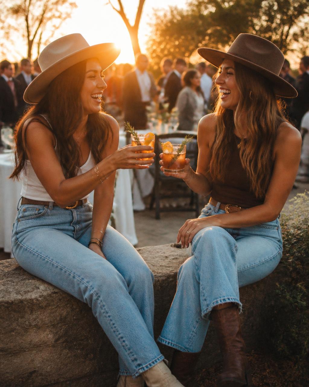 Two women in felt rancher hats laughing and toasting craft cocktails at golden hour