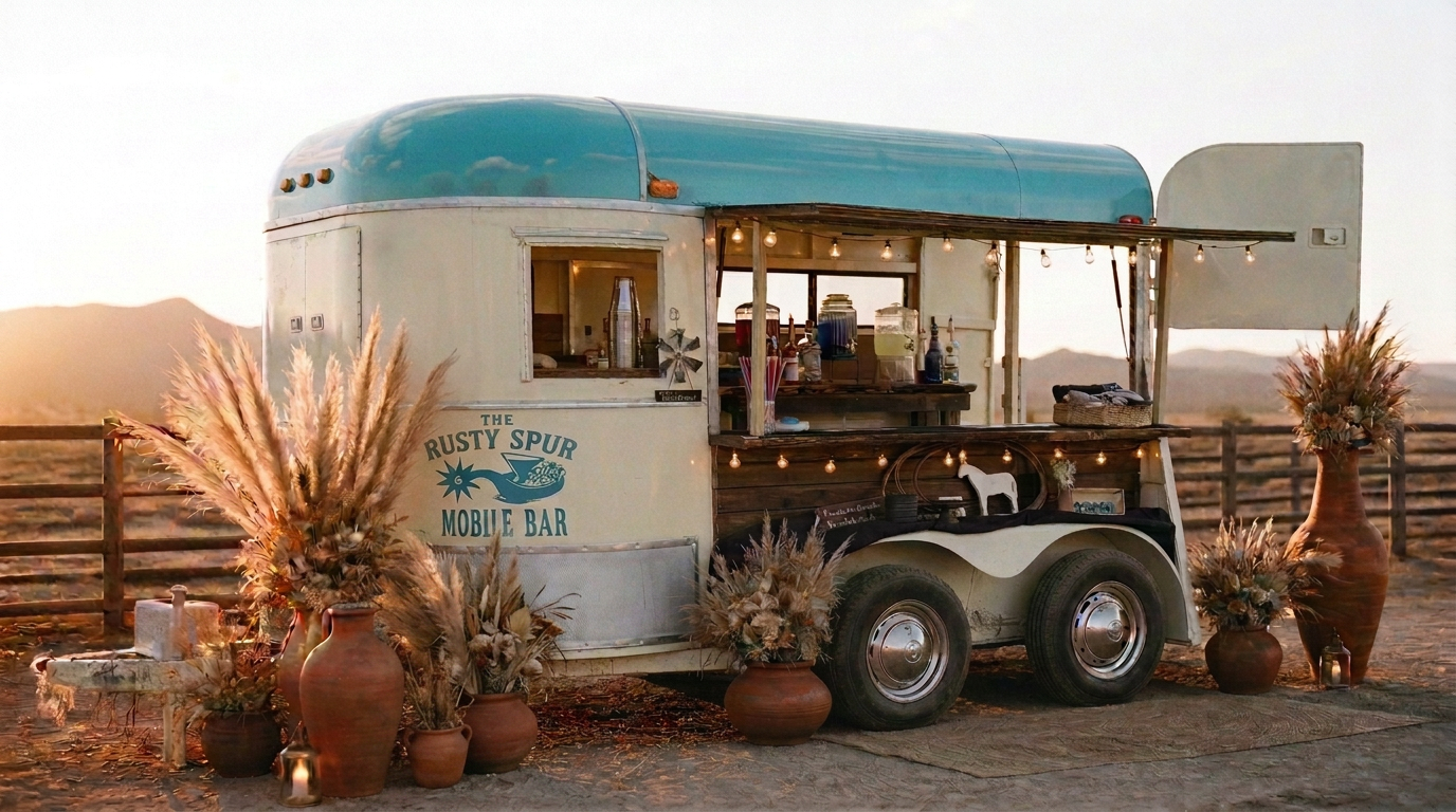 The Rusty Spur vintage horse-trailer bar glowing with string lights at golden hour in the desert